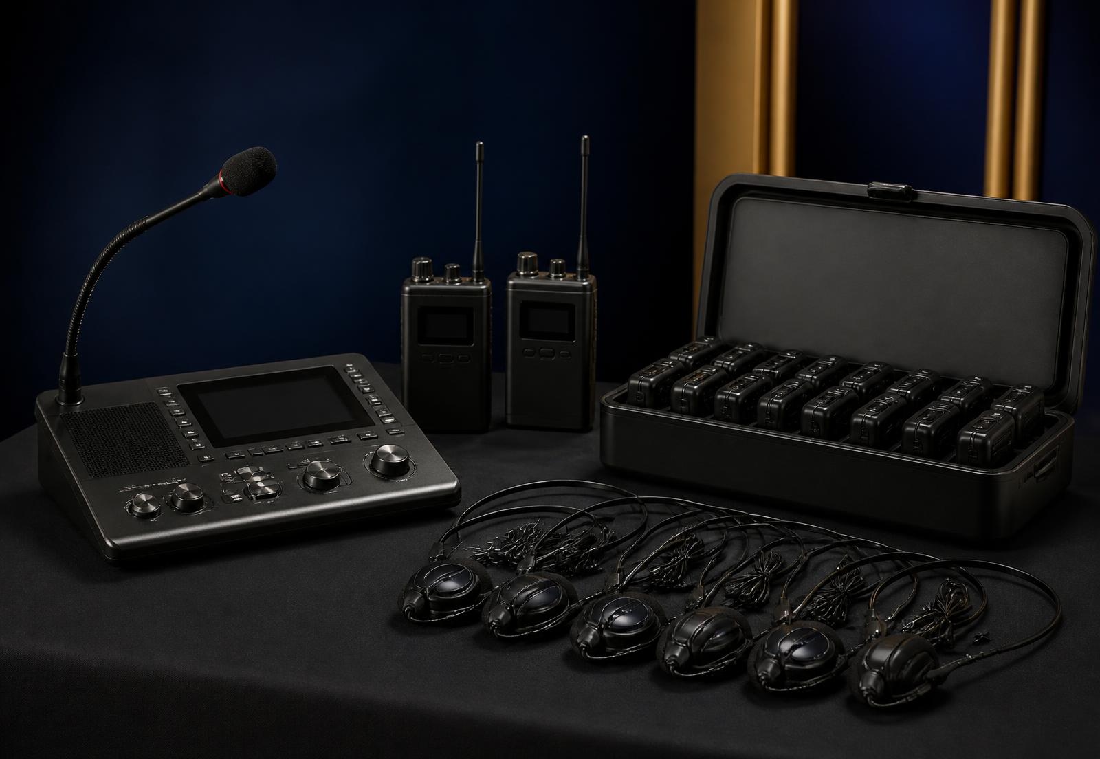 Interpreter console, portable transmitters, and a charging case of receivers with headphones