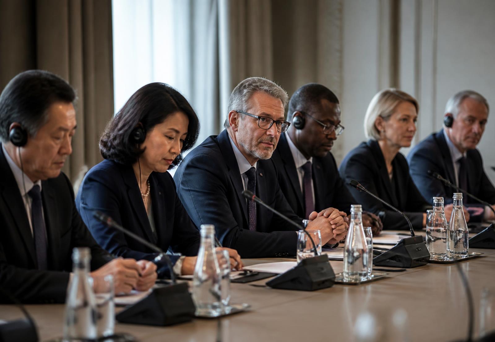 Delegates at a conference table using interpretation receivers and gooseneck microphones